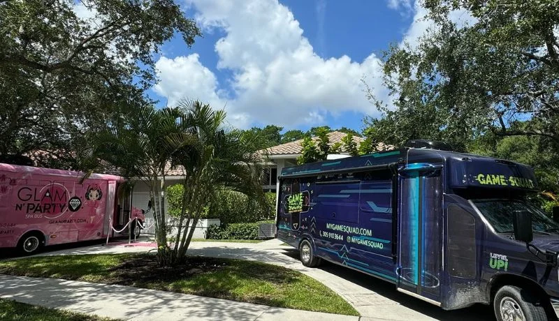 My Game Squad video game truck parked at a Miami home, ready for a kids birthday party